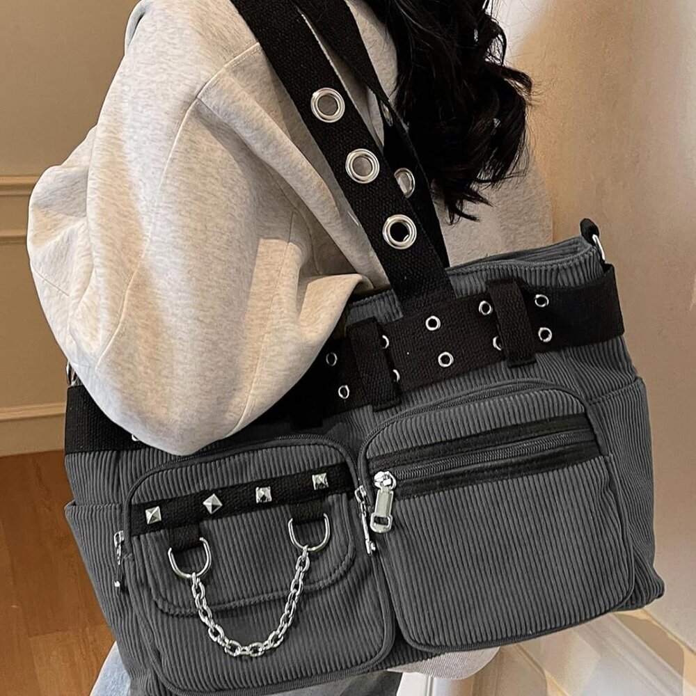 Corduroy Tote Bag Goth Bags for Women Large Gothic Goth Purse for College Work O - Picture 2 of 7